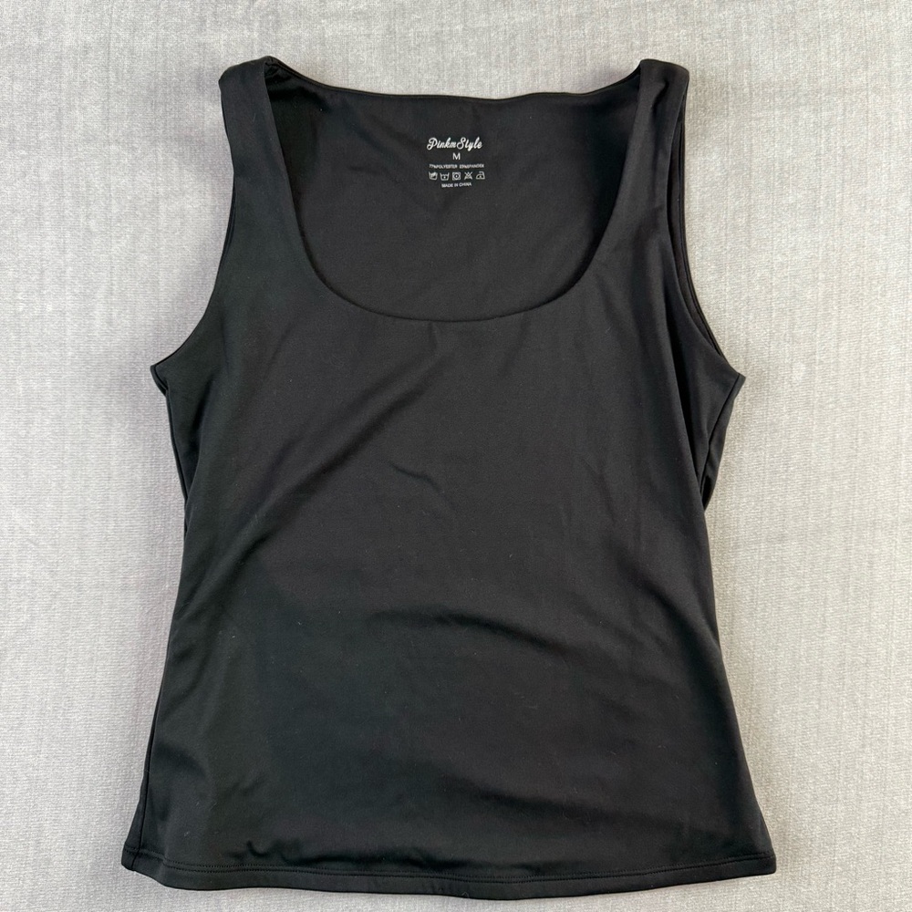 PinkmStyle Womens Black Scoop Neck Tank Top Stretch Sleeveless Shirt Size M